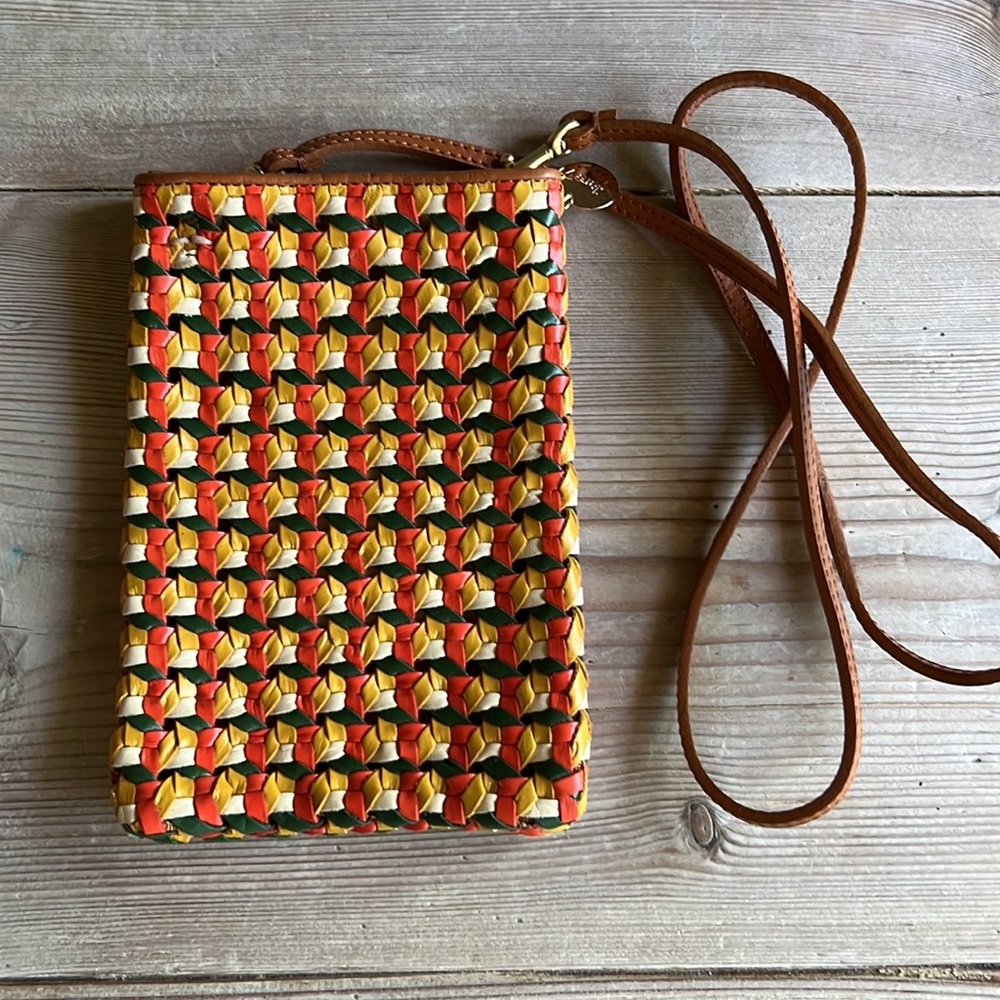 Clare V Poche Woven Marigold Multi Rattan Phone Bag Leather Detachable Strap
